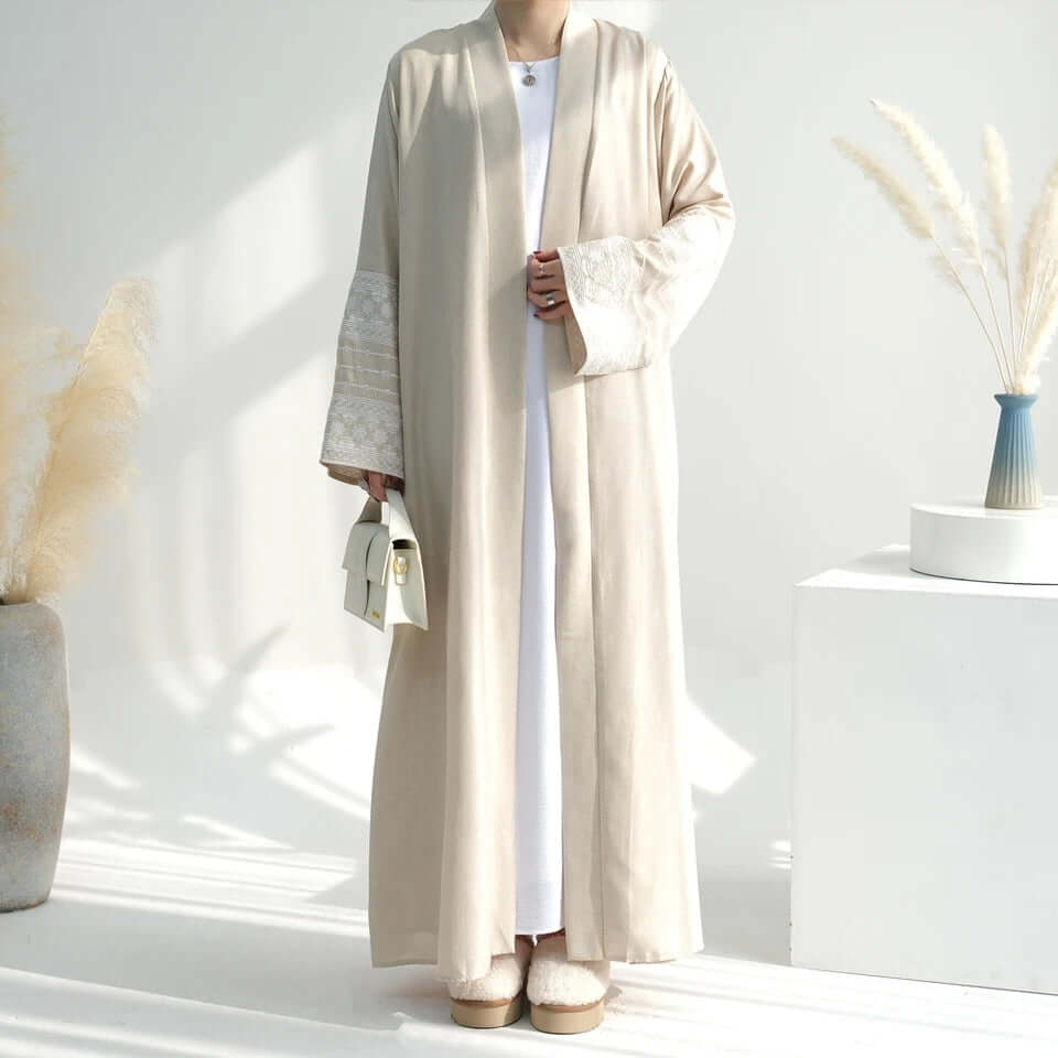 Cotton Embroidery Cardigan Apricot Open Abaya