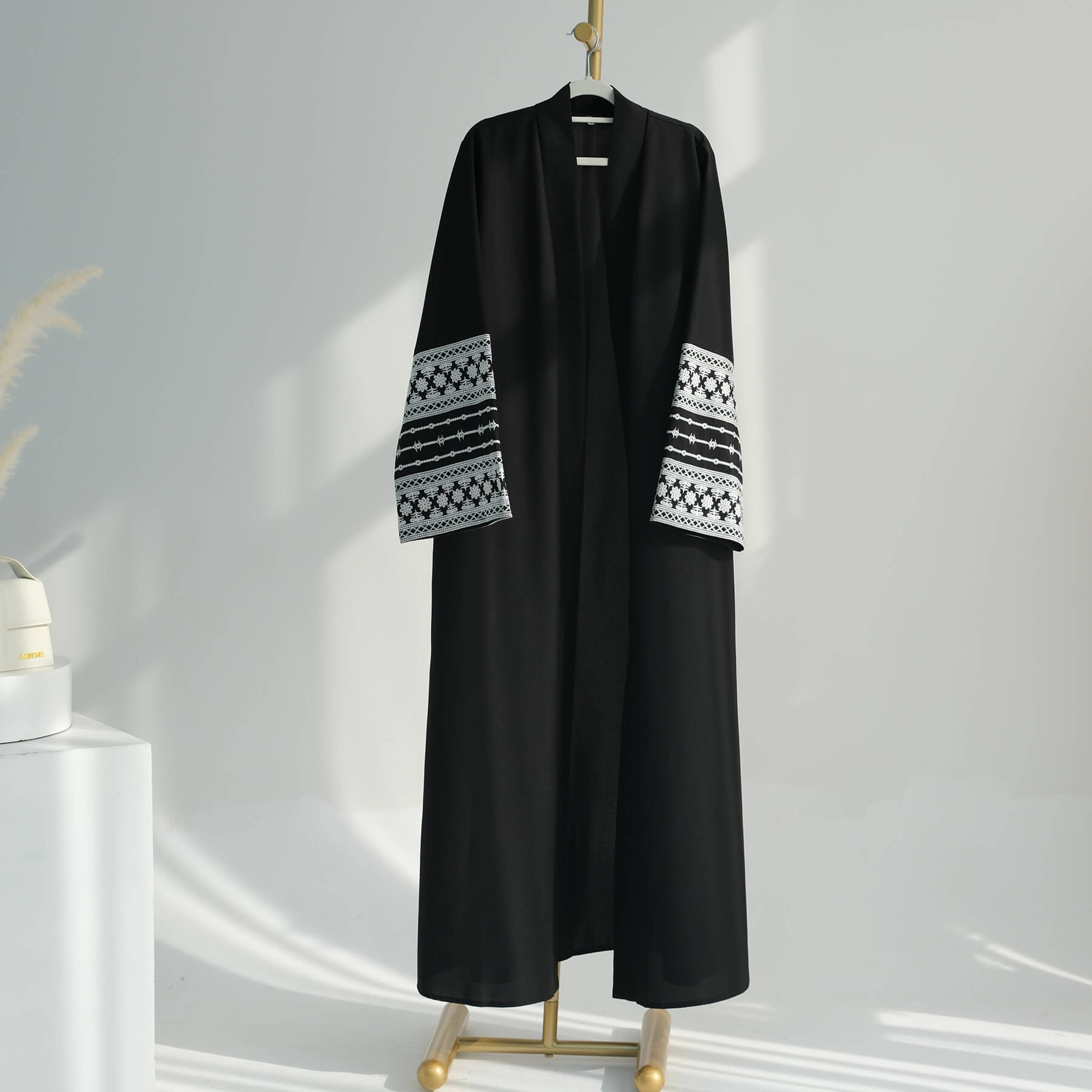 Cotton Embroidery Cardigan Black Open Abaya