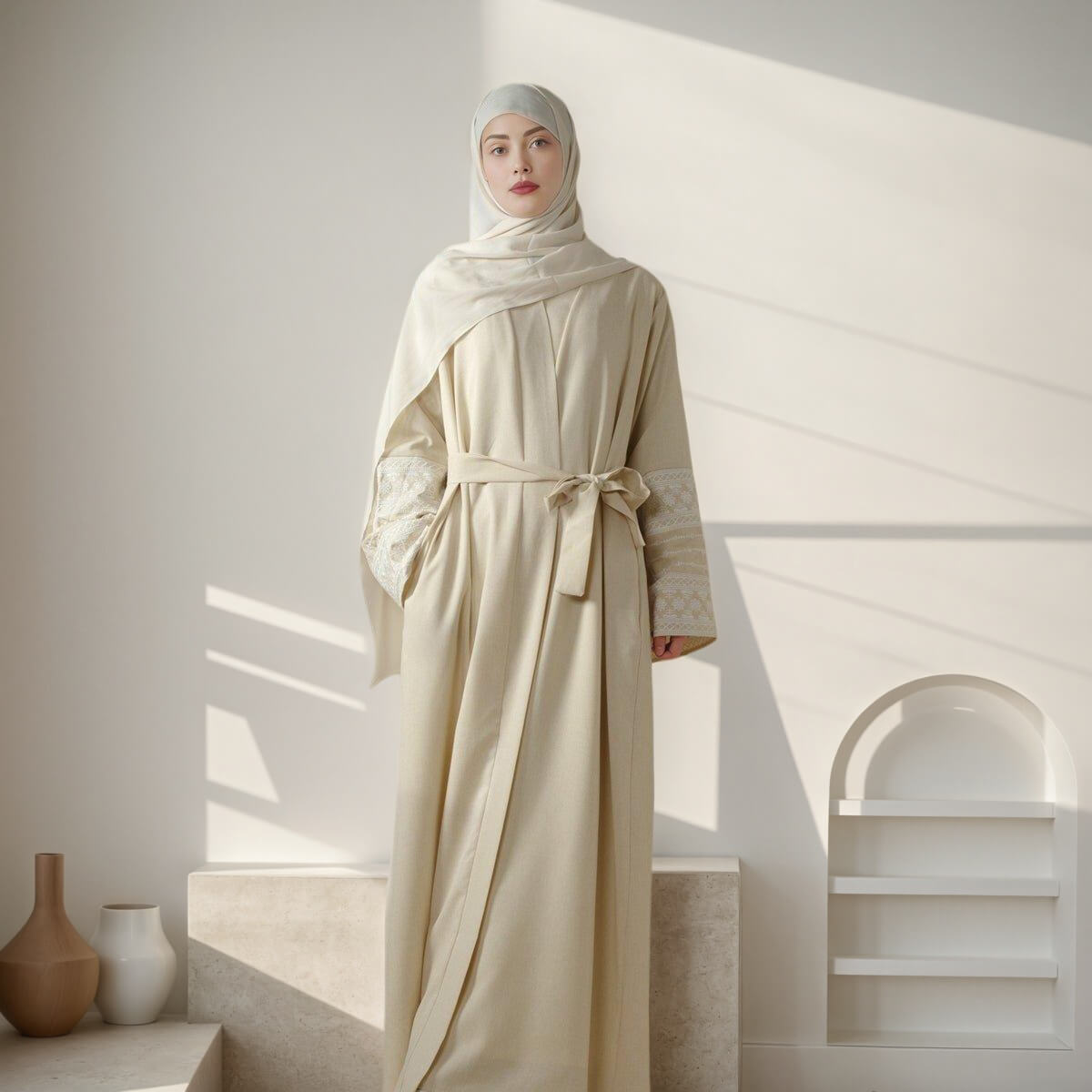Cotton Embroidery Cardigan Apricot Open Abaya