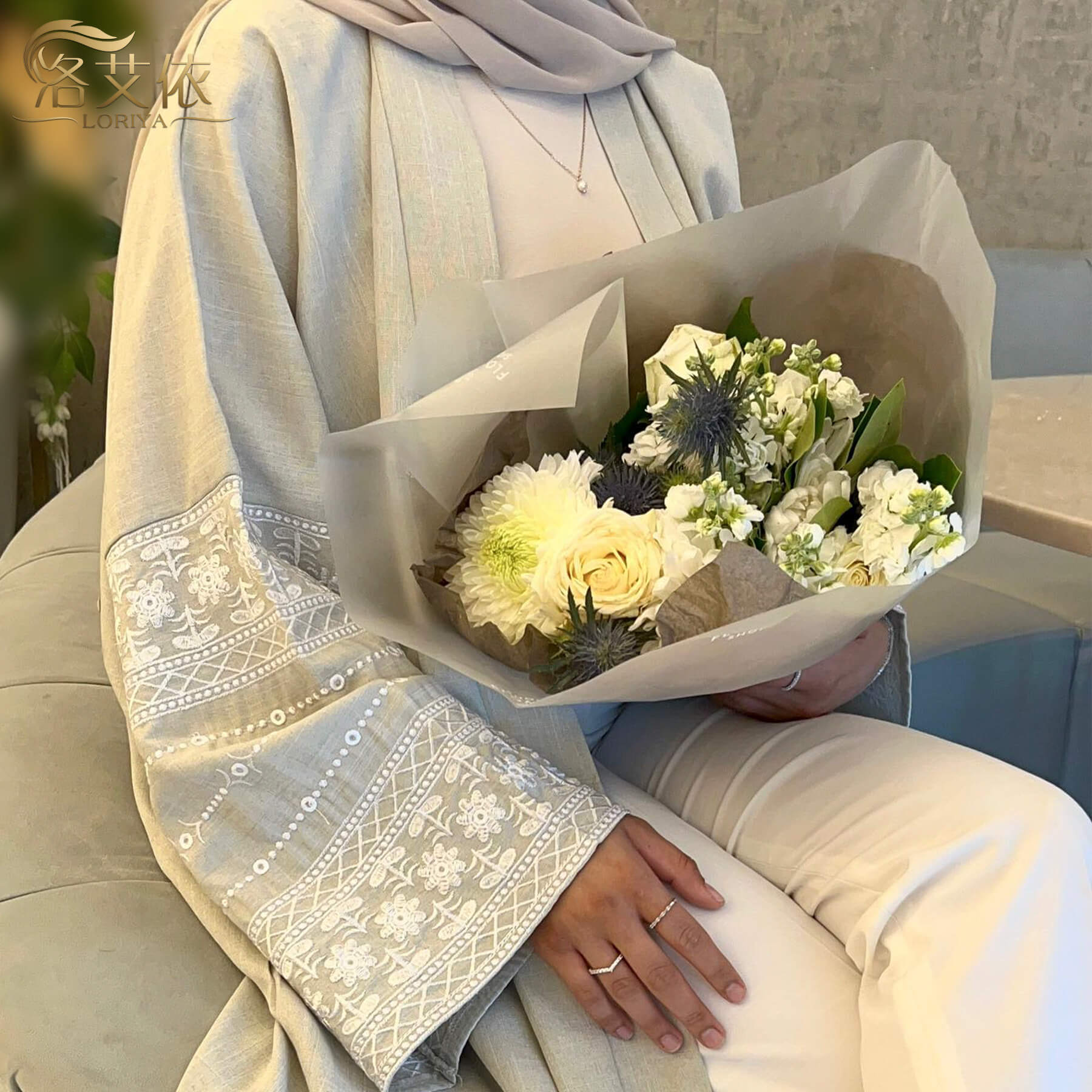 Cotton Embroidery Cardigan Apricot Open Abaya