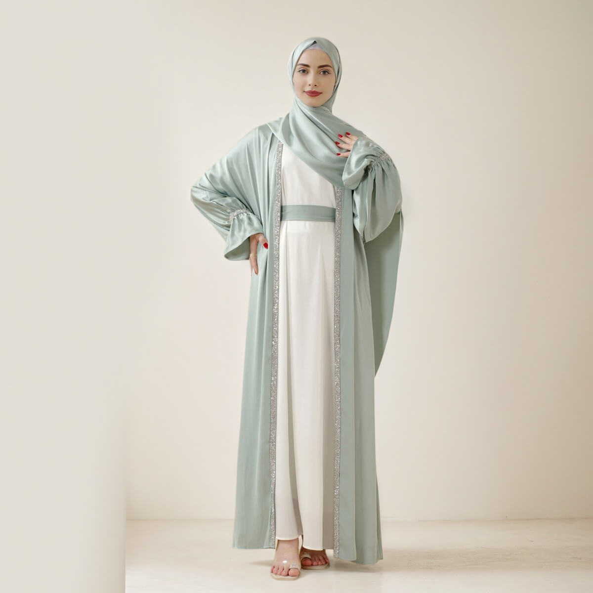 Poet sleeve Satin Open Abaya 4-Piece Set