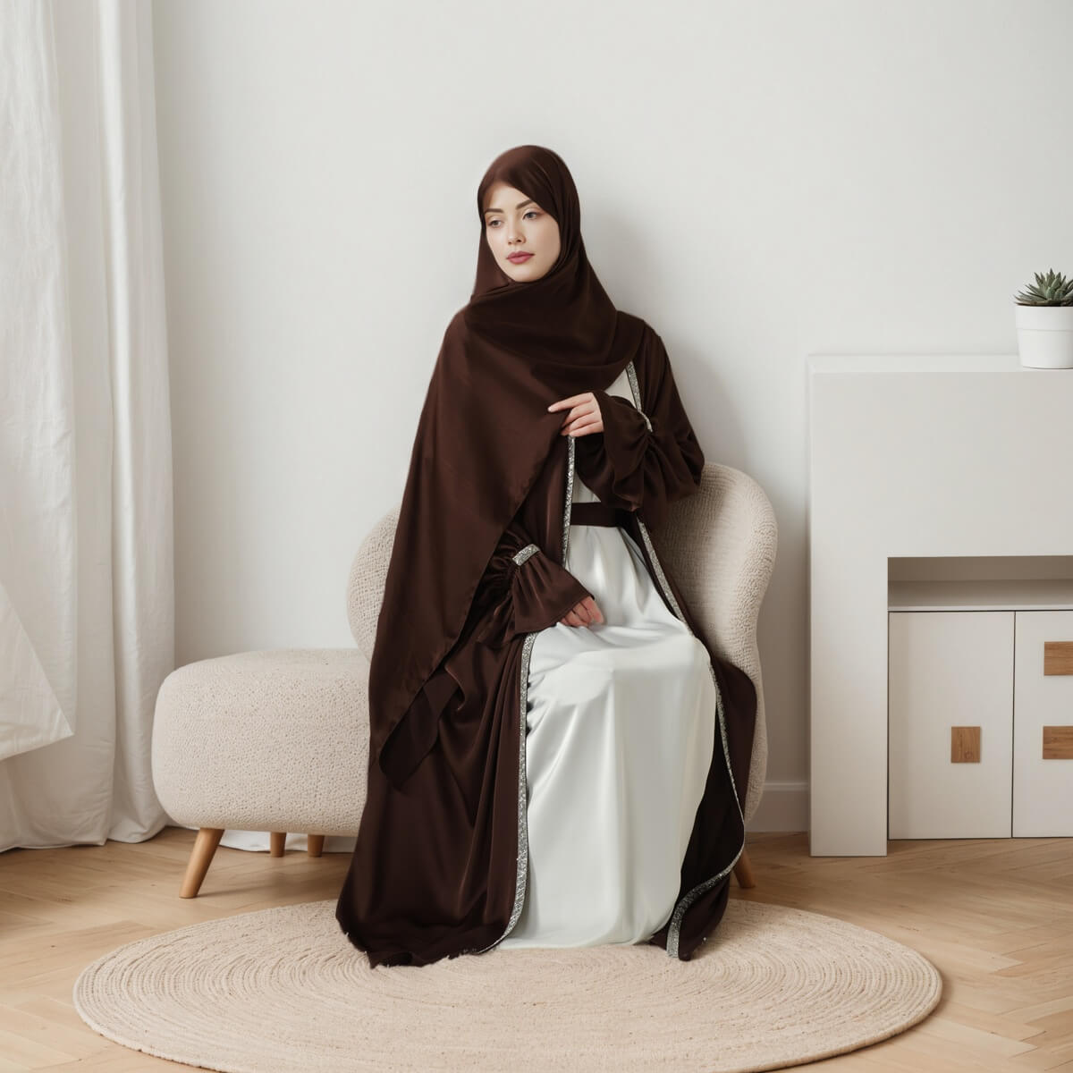 Poet sleeve Satin Open Abaya 4-Piece Set