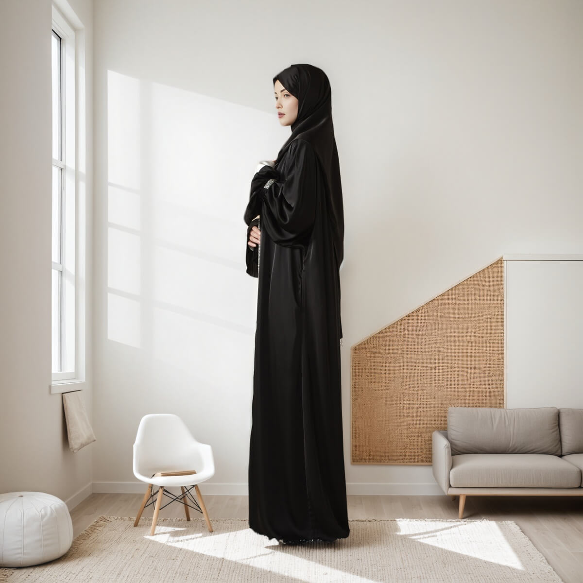 Poet sleeve Satin Open Abaya 4-Piece Set