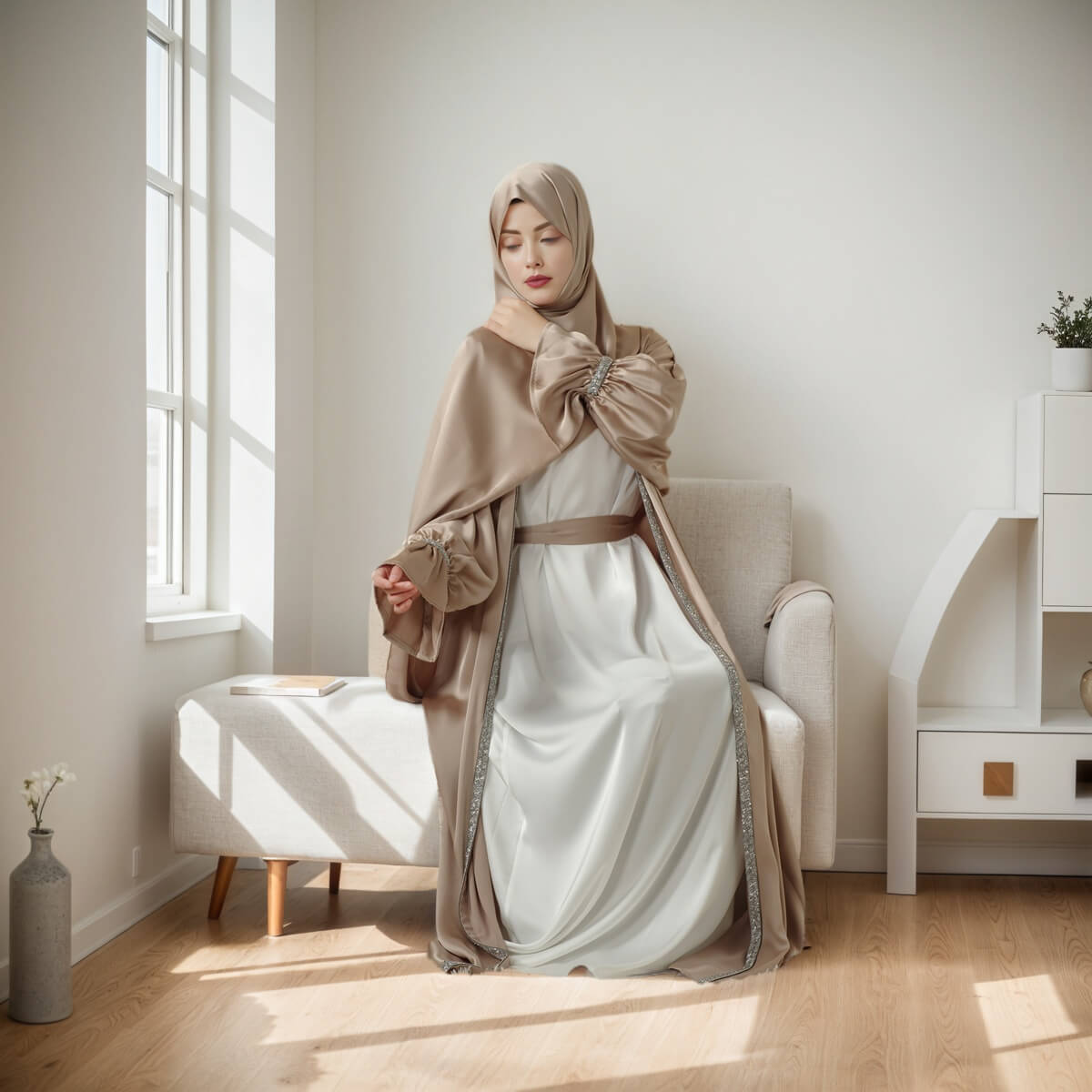Poet sleeve Satin Open Abaya 4-Piece Set