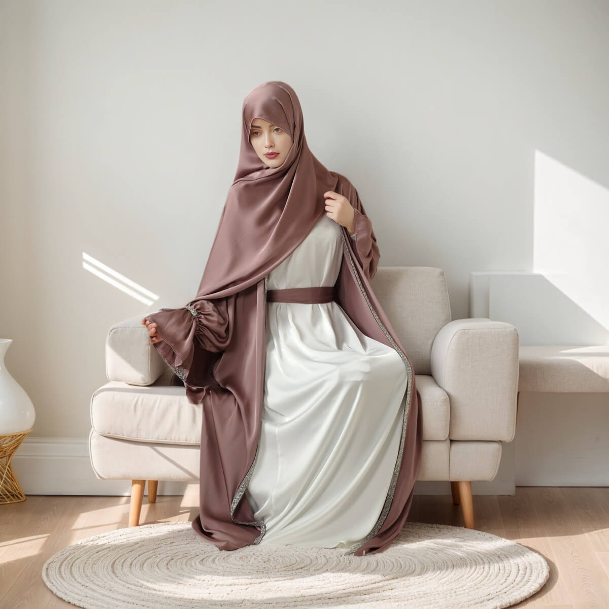 Poet sleeve Satin Open Abaya 4-Piece Set