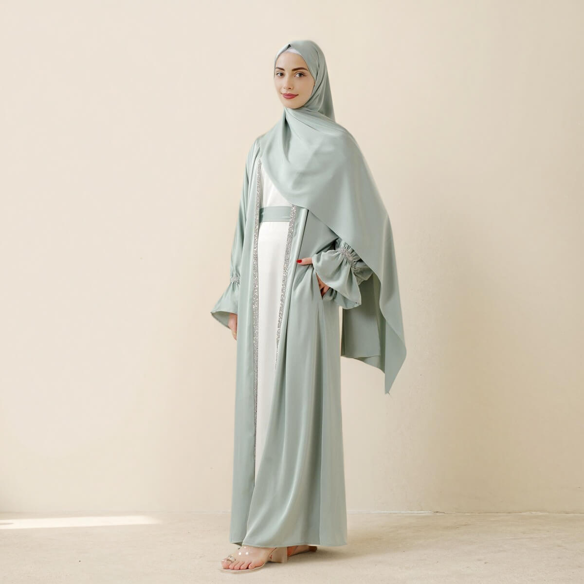 Poet sleeve Satin Open Abaya 4-Piece Set