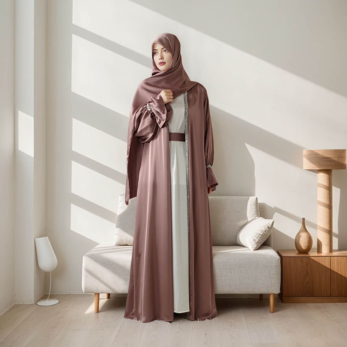 Poet sleeve Satin Open Abaya 4-Piece Set