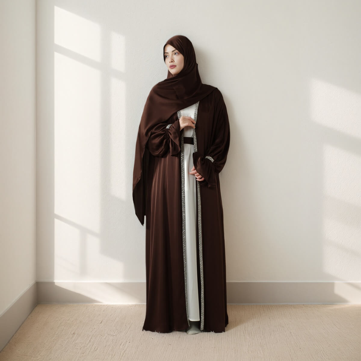 Poet sleeve Satin Open Abaya 4-Piece Set
