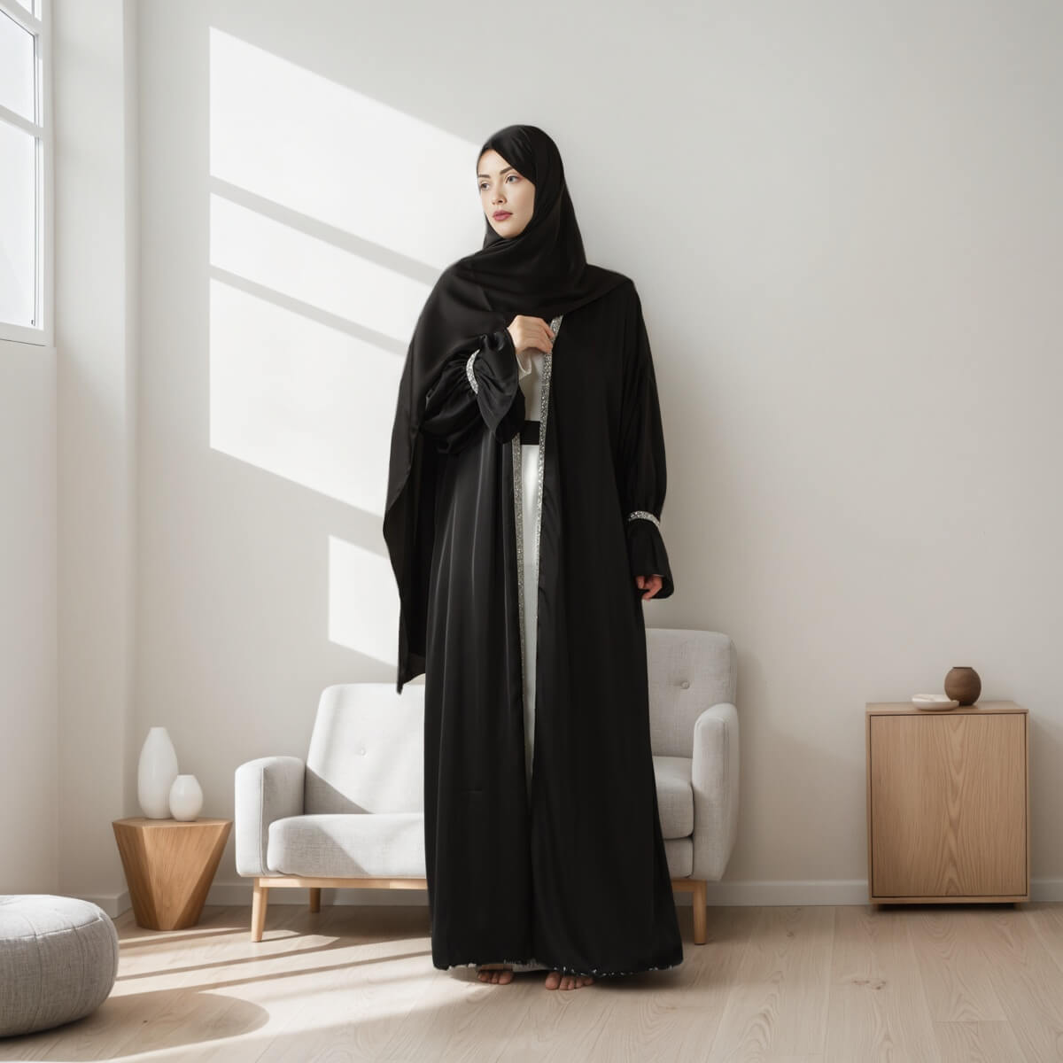 Poet sleeve Satin Open Abaya 4-Piece Set