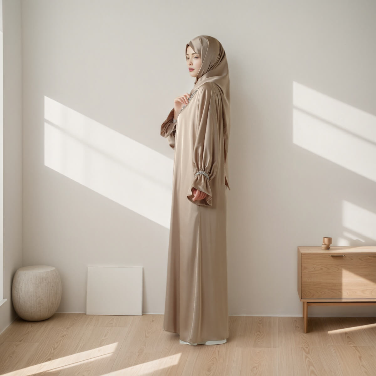 Poet sleeve Satin Open Abaya 4-Piece Set