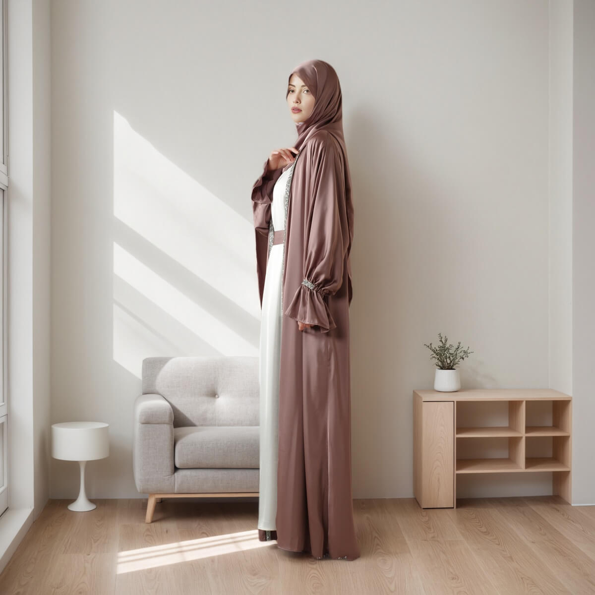 Poet sleeve Satin Open Abaya 4-Piece Set