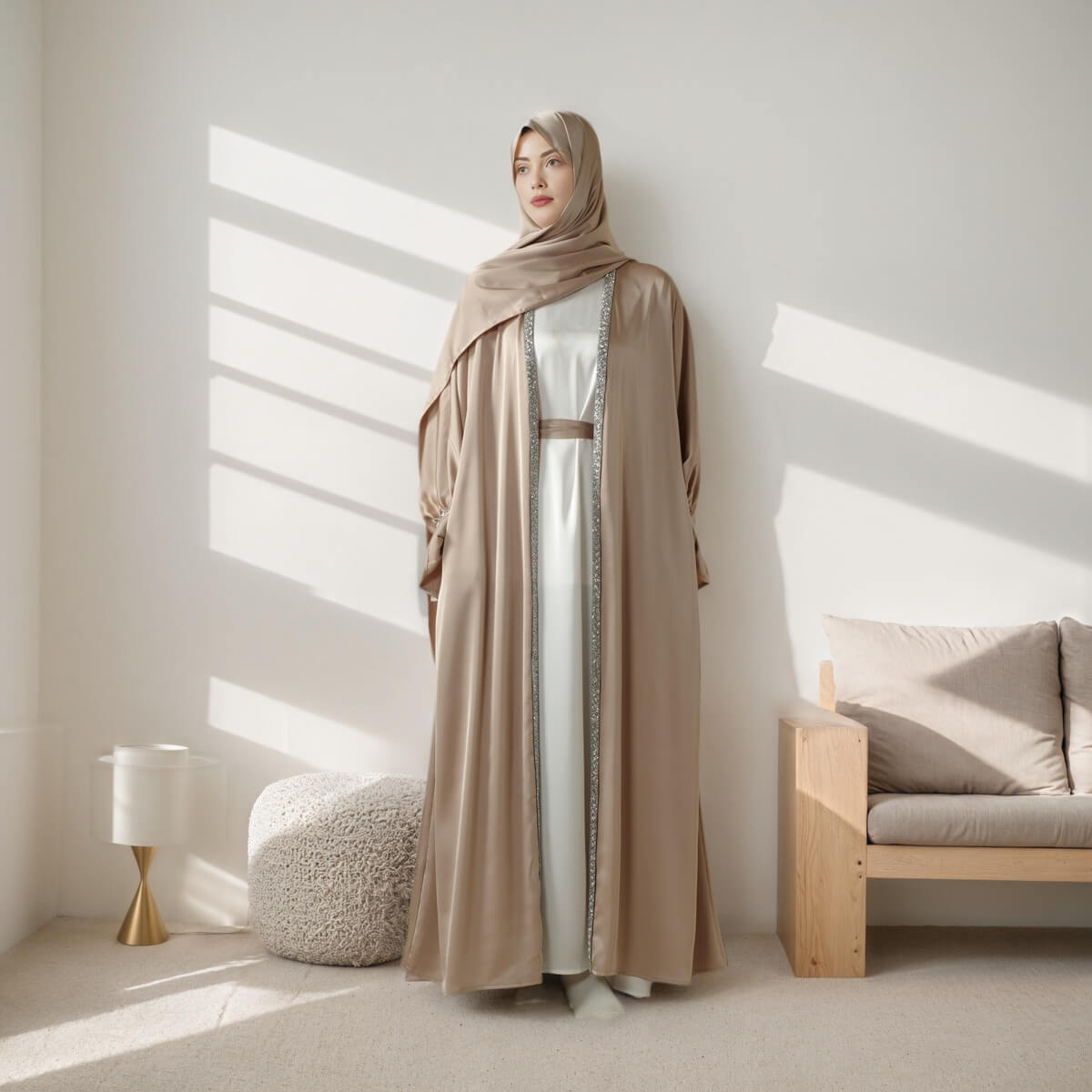 Poet sleeve Satin Open Abaya 4-Piece Set
