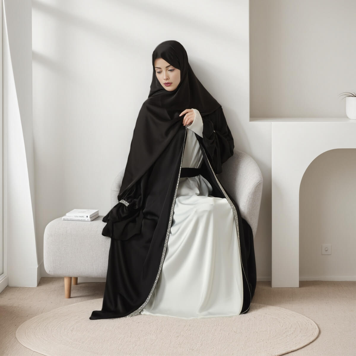 Poet sleeve Satin Open Abaya 4-Piece Set