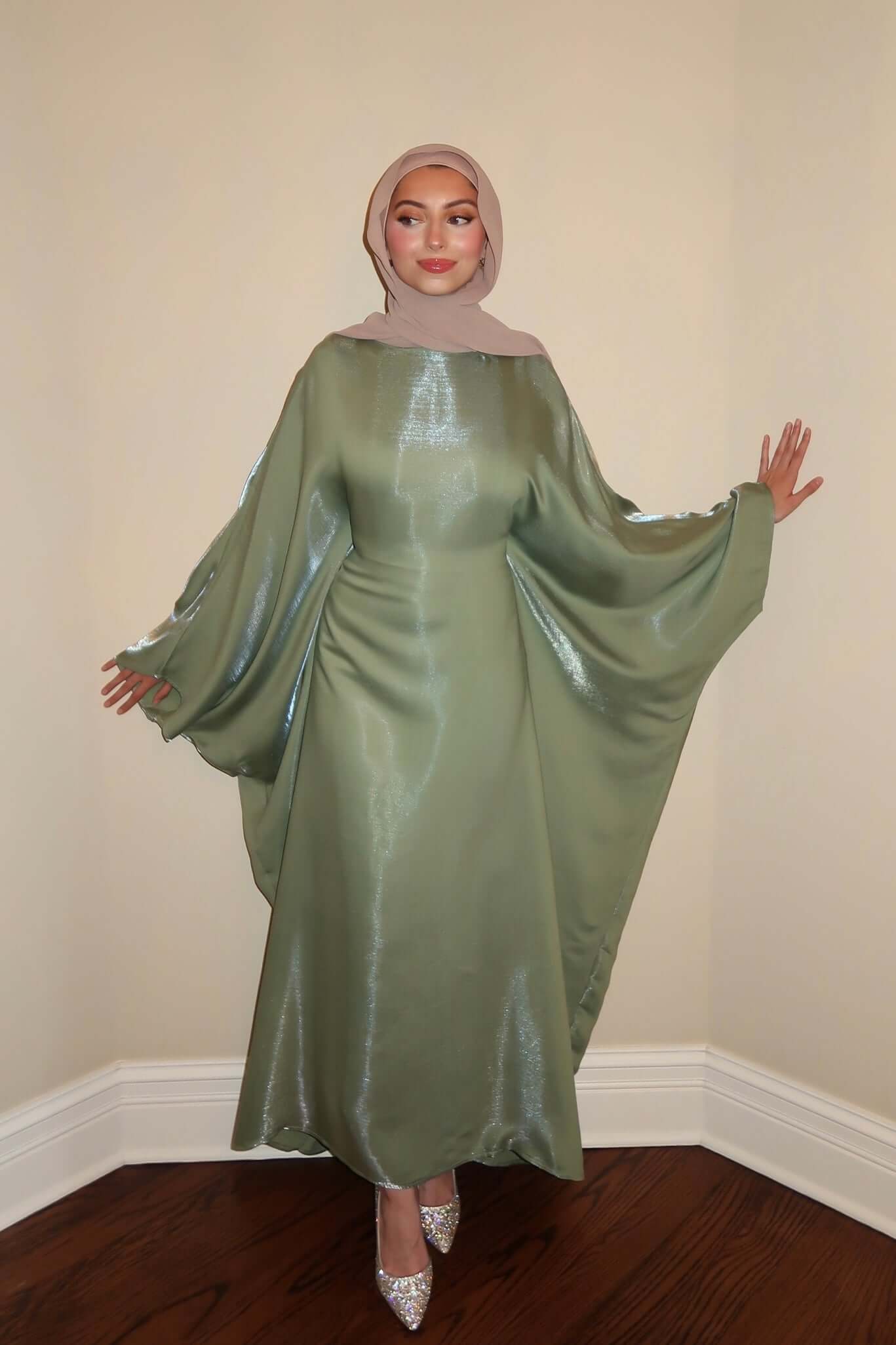 Luxury Satin Maxi Butterfly Abaya Plus Size Women's Modest Dress