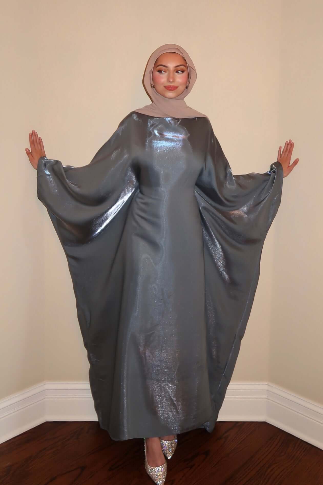 Luxury Satin Maxi Butterfly Abaya Plus Size Women's Modest Dress