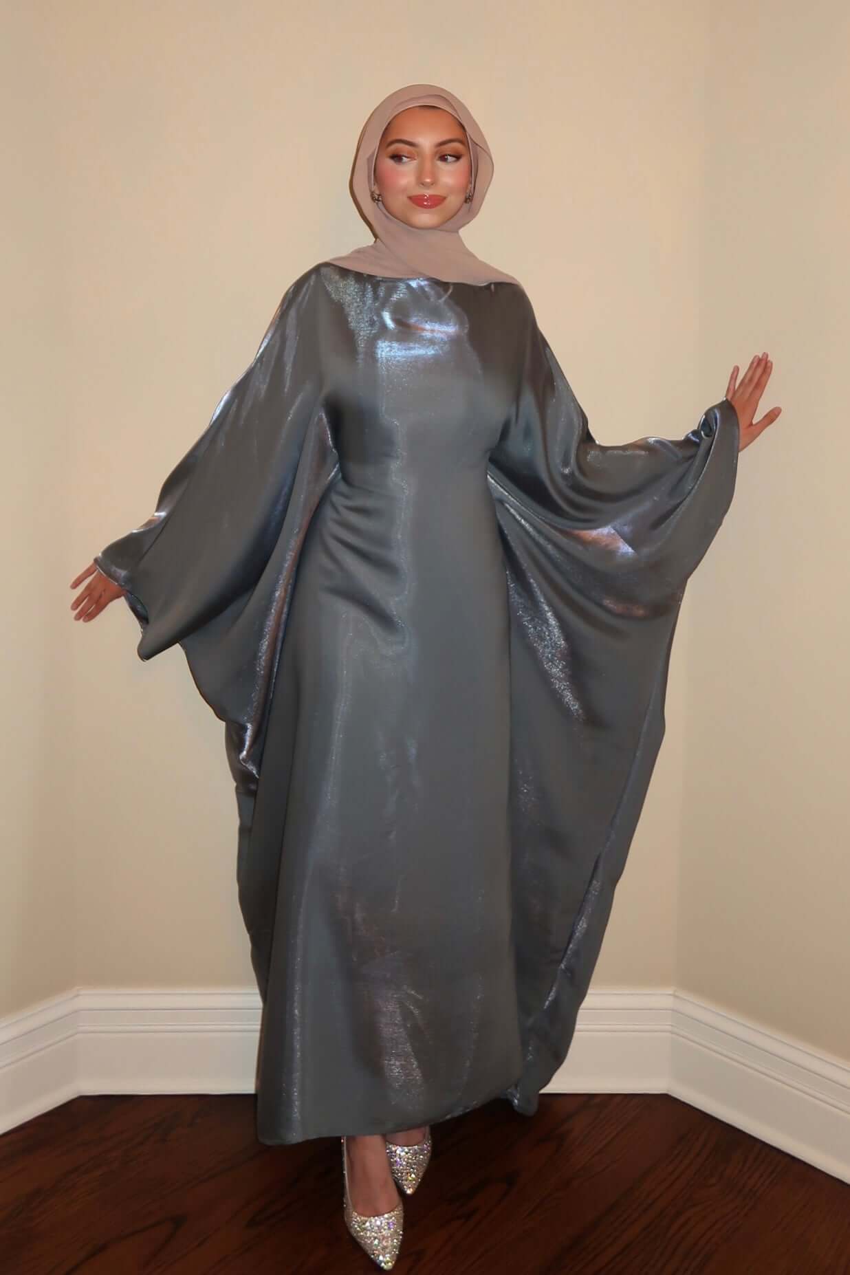 Luxury Satin Maxi Butterfly Abaya Plus Size Women's Modest Dress