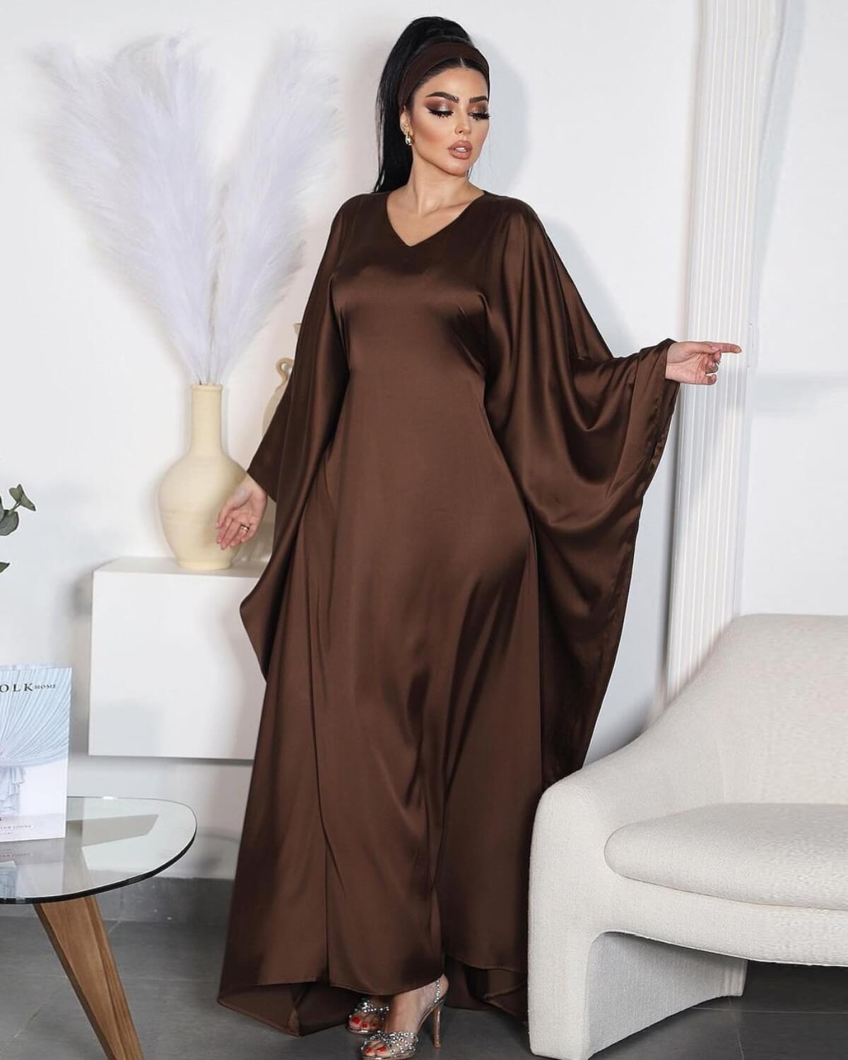 Satin Butterfly Abaya with Solid Color Long Sleeve V-Neck