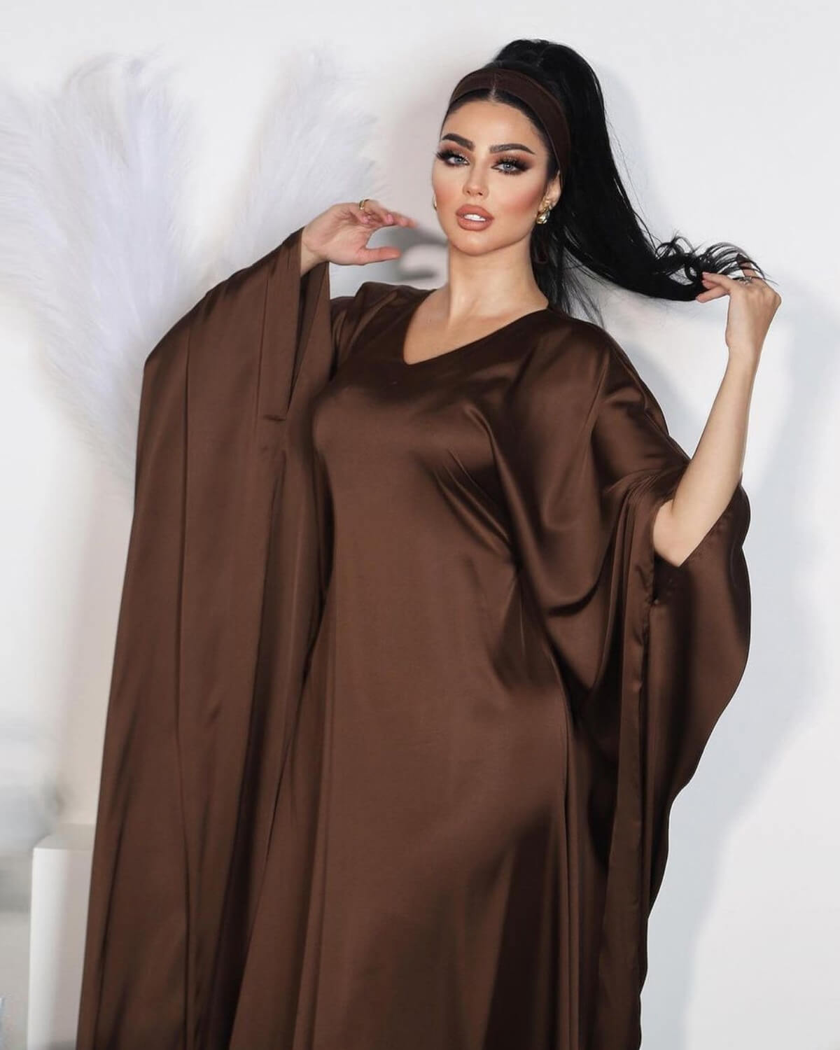 Satin Butterfly Abaya with Solid Color Long Sleeve V-Neck