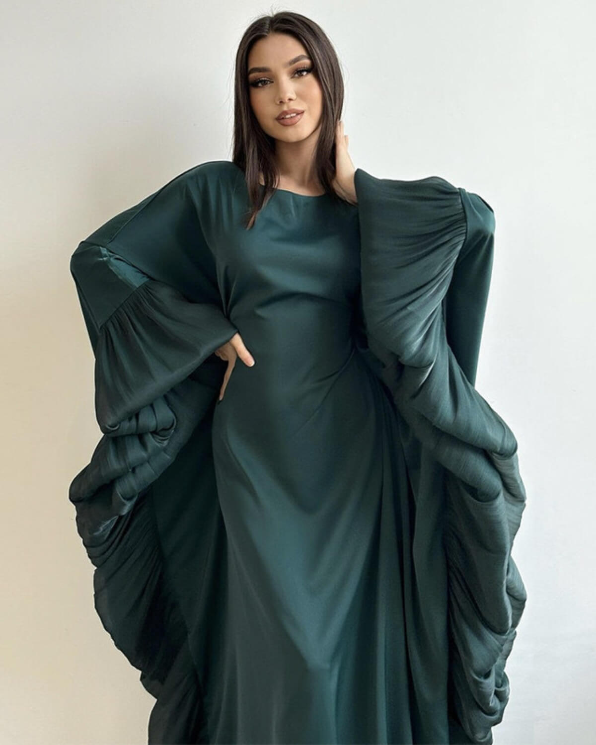 Butterfly Abaya Dress with Pleated Floral Ruffle Sleeves