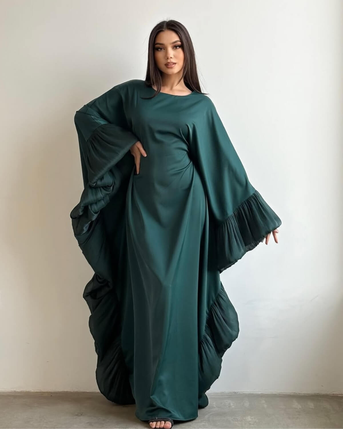 Butterfly Abaya Dress with Pleated Floral Ruffle Sleeves