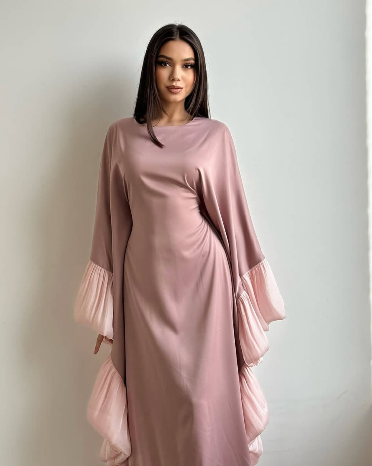 Butterfly Abaya Dress with Pleated Floral Ruffle Sleeves