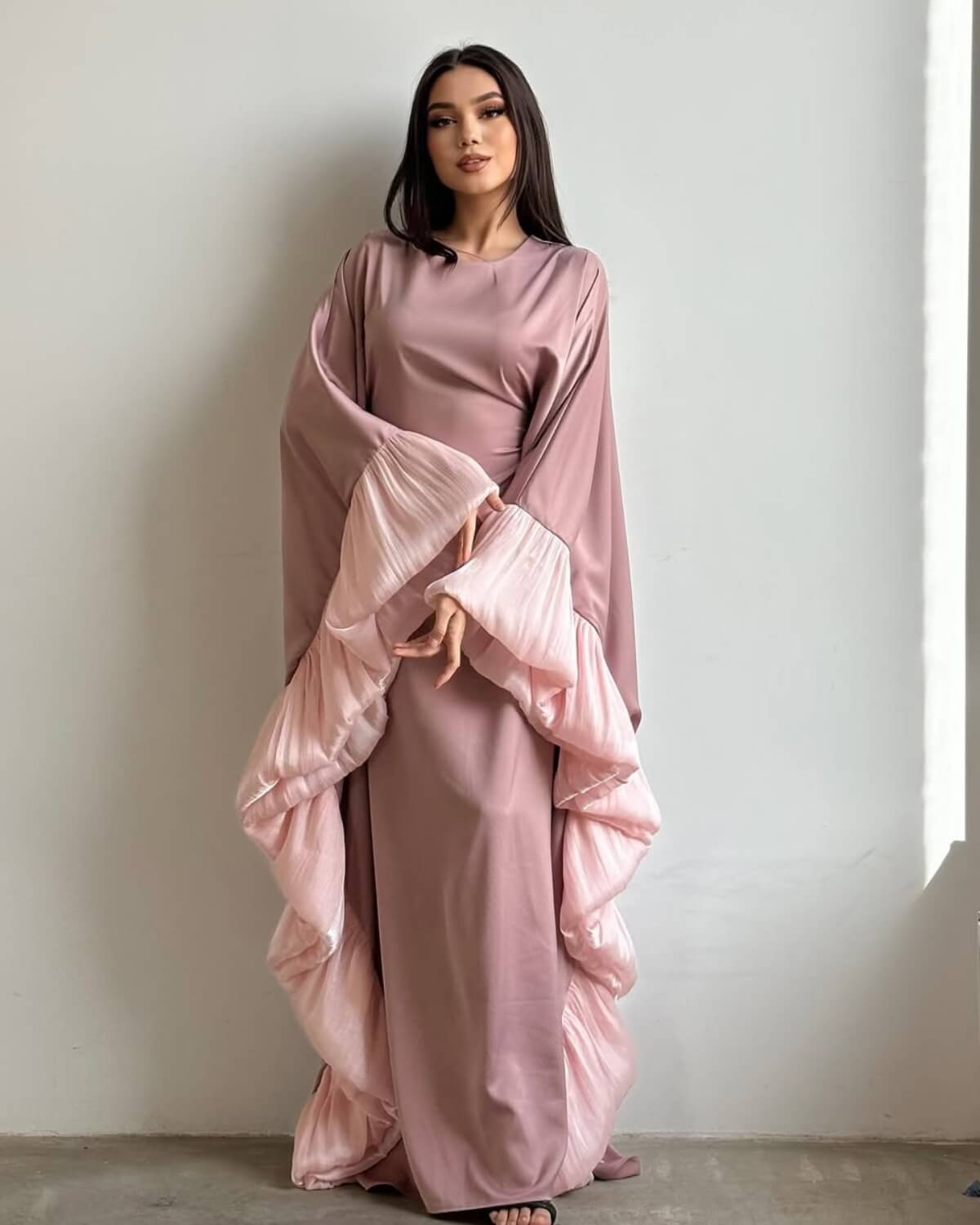 Butterfly Abaya Dress with Pleated Floral Ruffle Sleeves