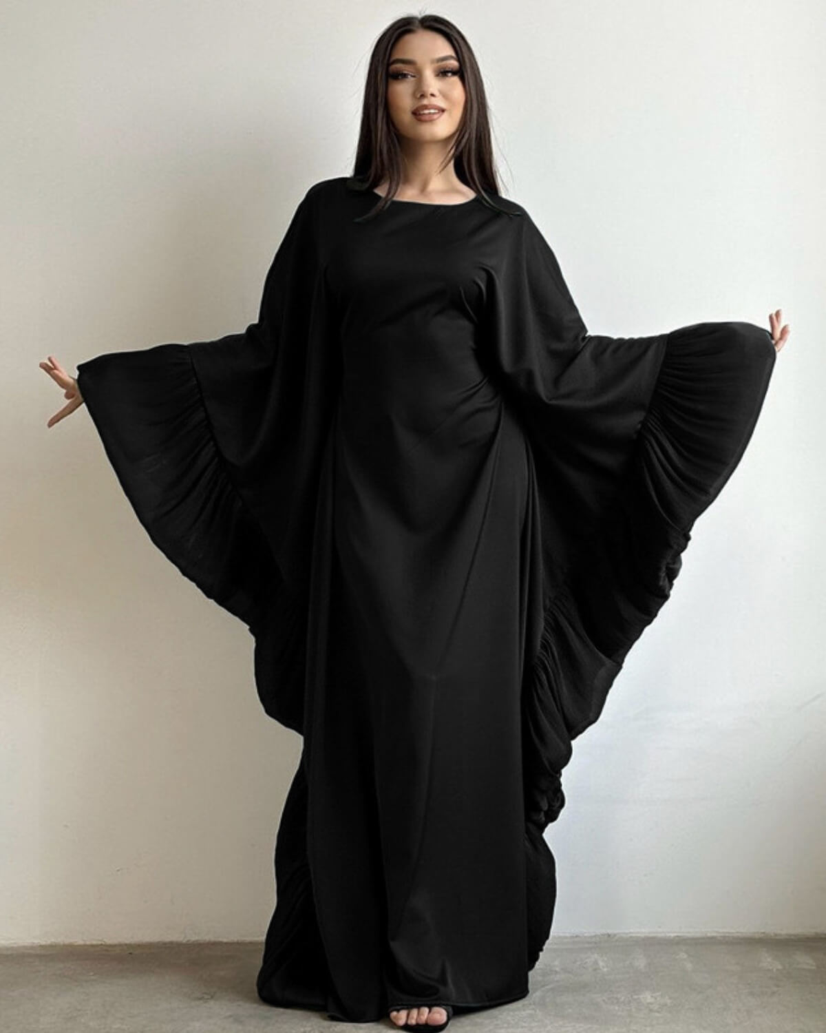 Butterfly Abaya Dress with Pleated Floral Ruffle Sleeves
