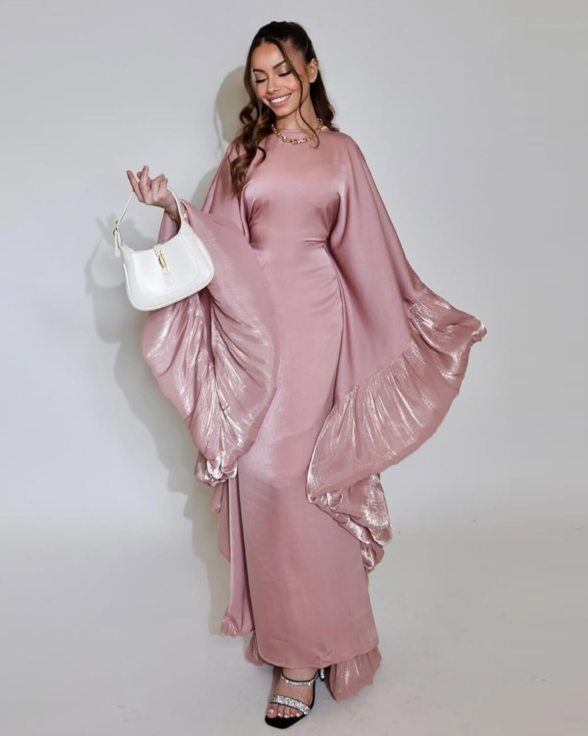 Upgraded Butterfly Abaya Dress with Pleated Floral Ruffle Sleeves