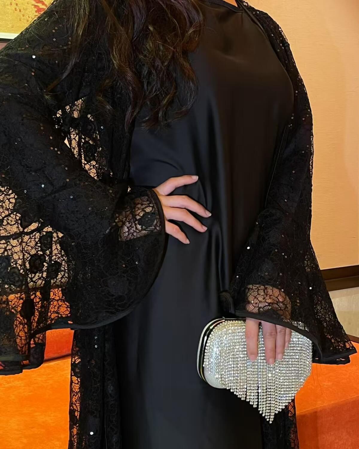 Lace Bell-Sleeve Open Abaya Dress for Women 3-Piece Set