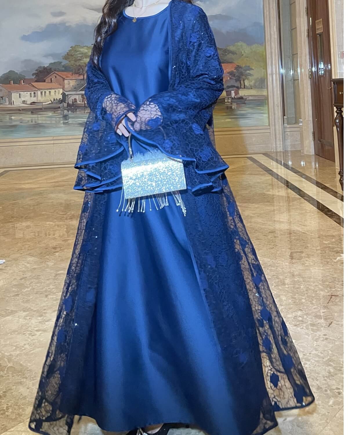 Lace Bell-Sleeve Open Abaya Dress for Women 3-Piece Set