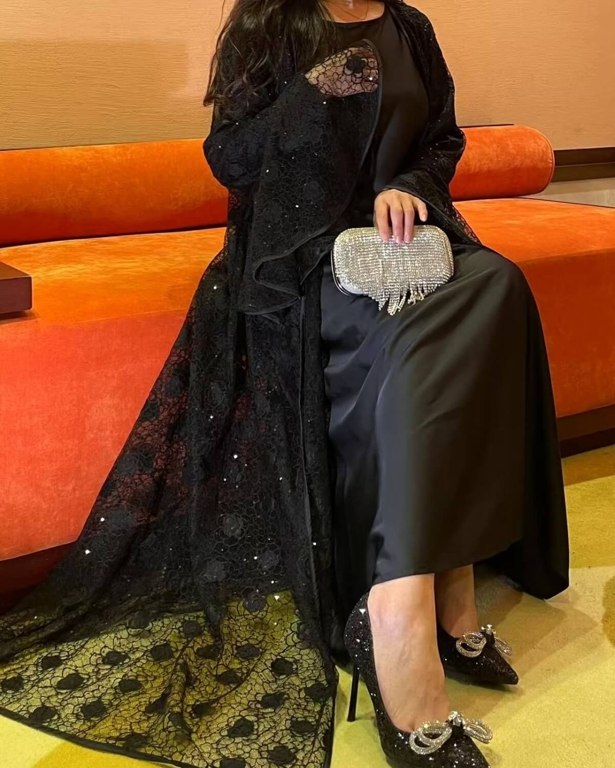 Lace Bell-Sleeve Open Abaya Dress for Women 3-Piece Set