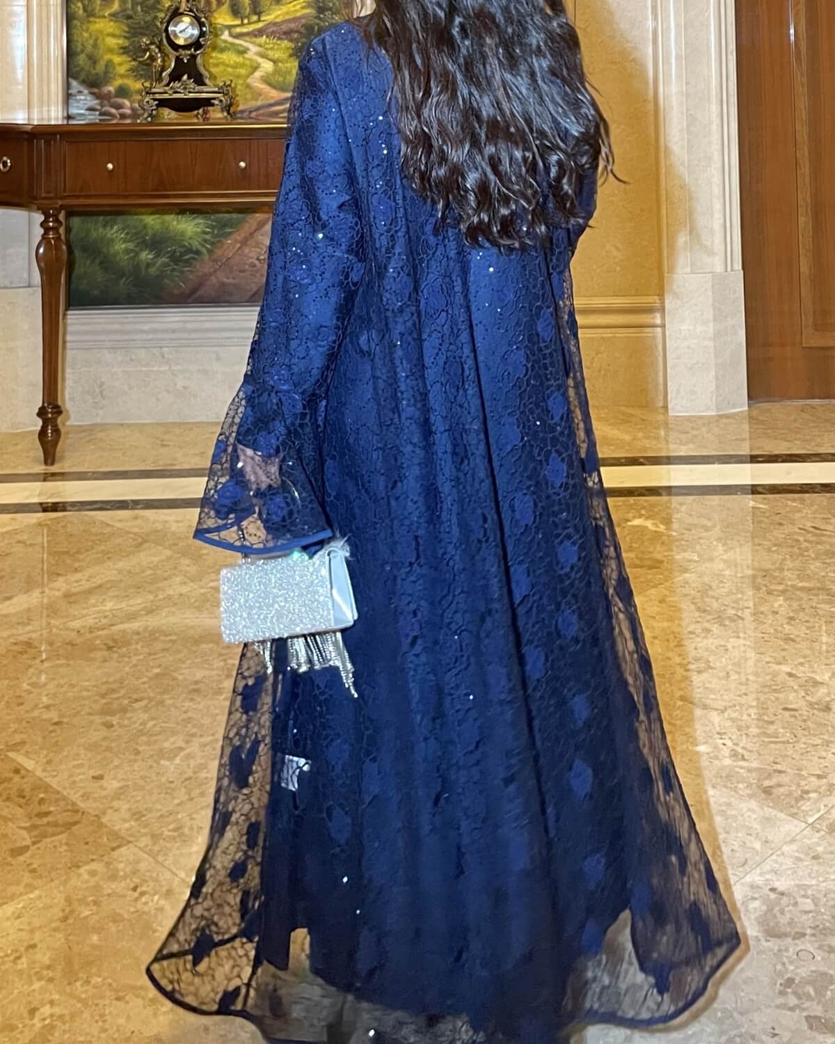Lace Bell-Sleeve Open Abaya Dress for Women 3-Piece Set