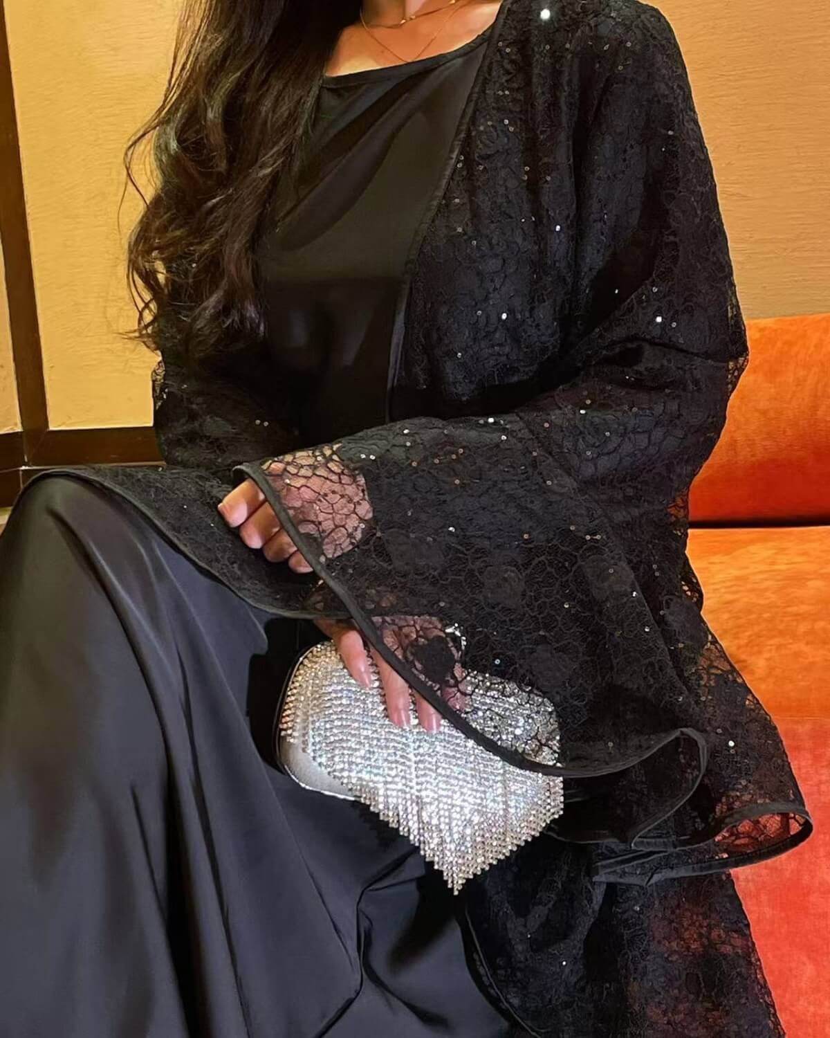 Lace Bell-Sleeve Open Abaya Dress for Women 3-Piece Set
