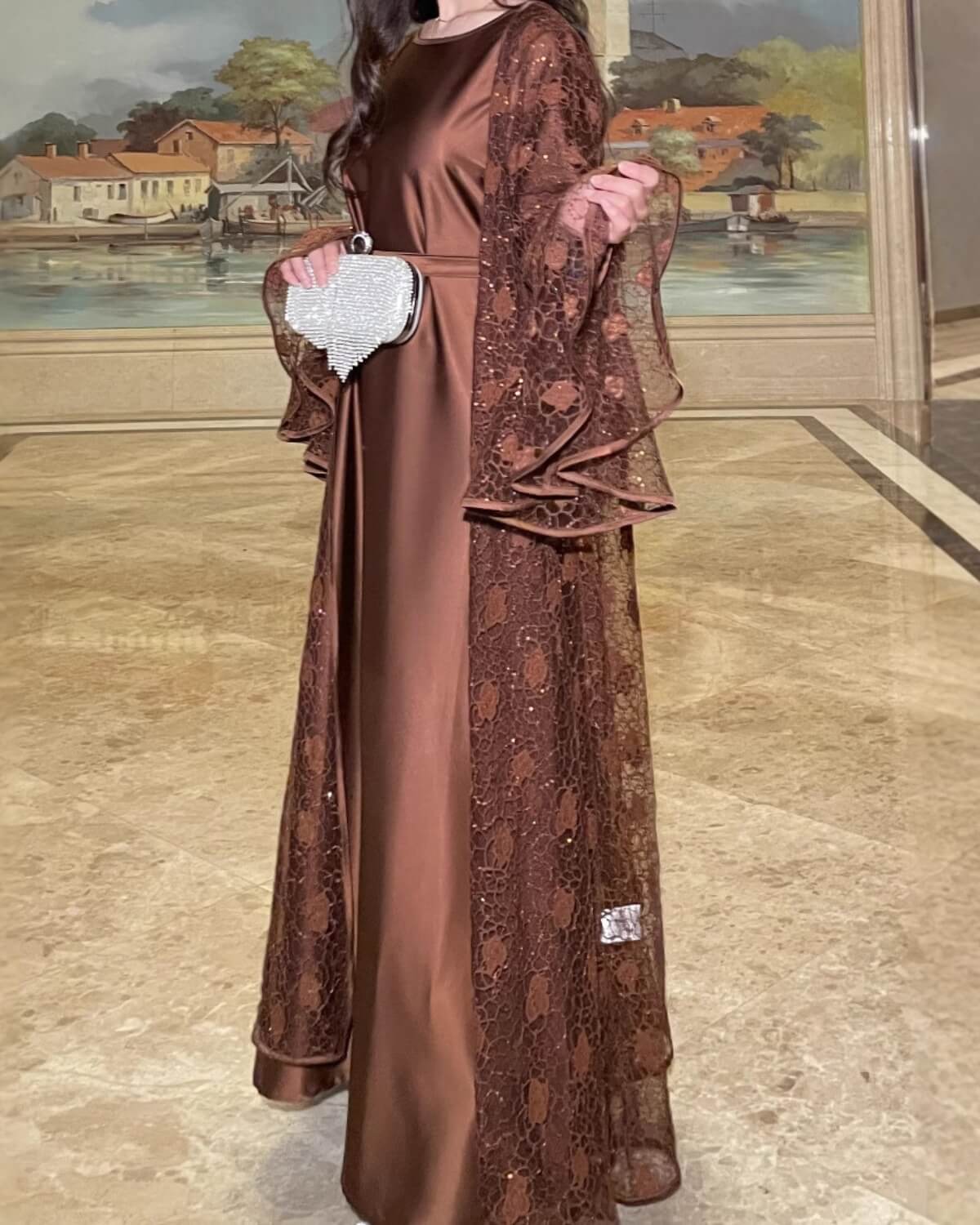 Lace Bell-Sleeve Open Abaya Dress for Women 3-Piece Set