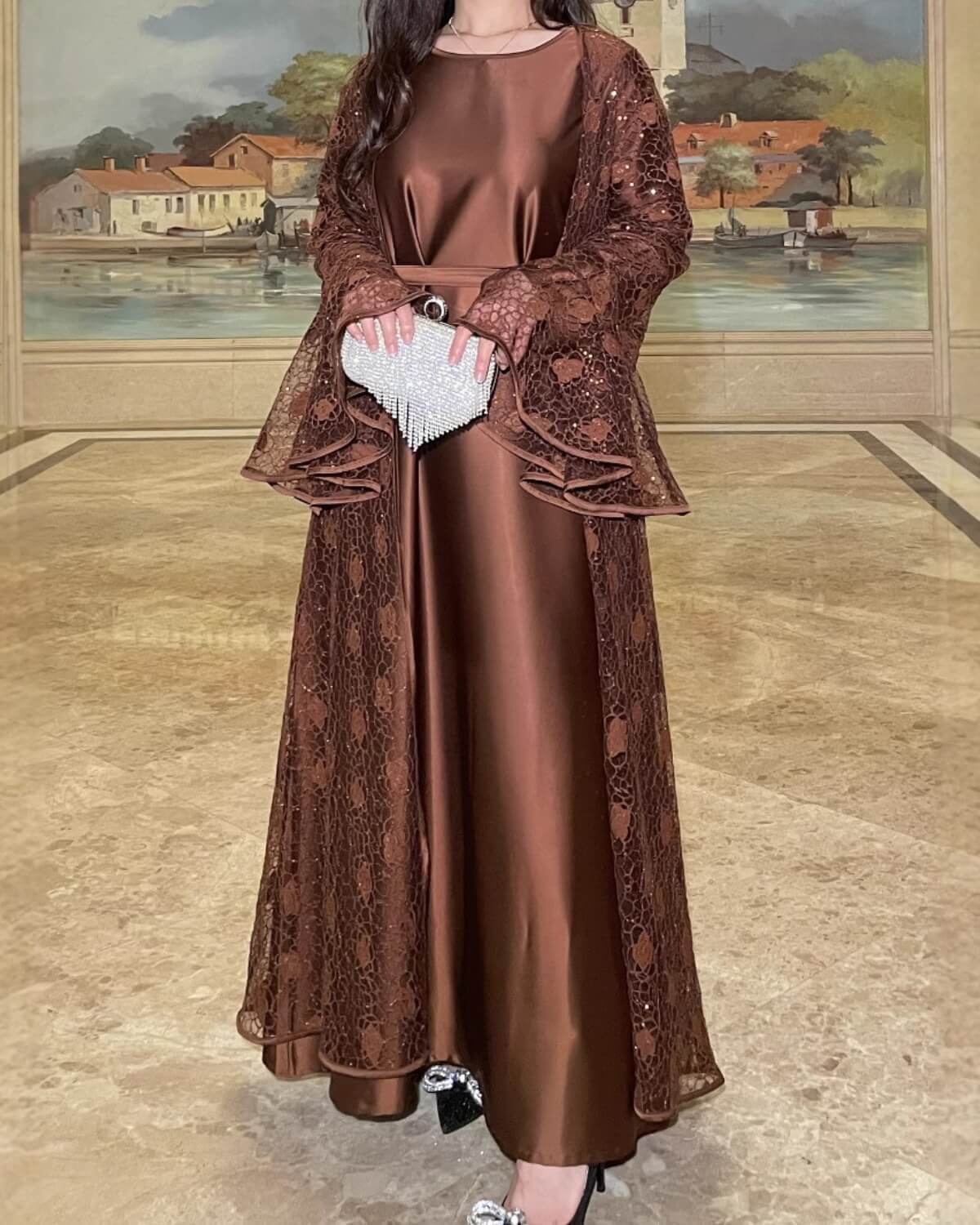Lace Bell-Sleeve Open Abaya Dress for Women 3-Piece Set