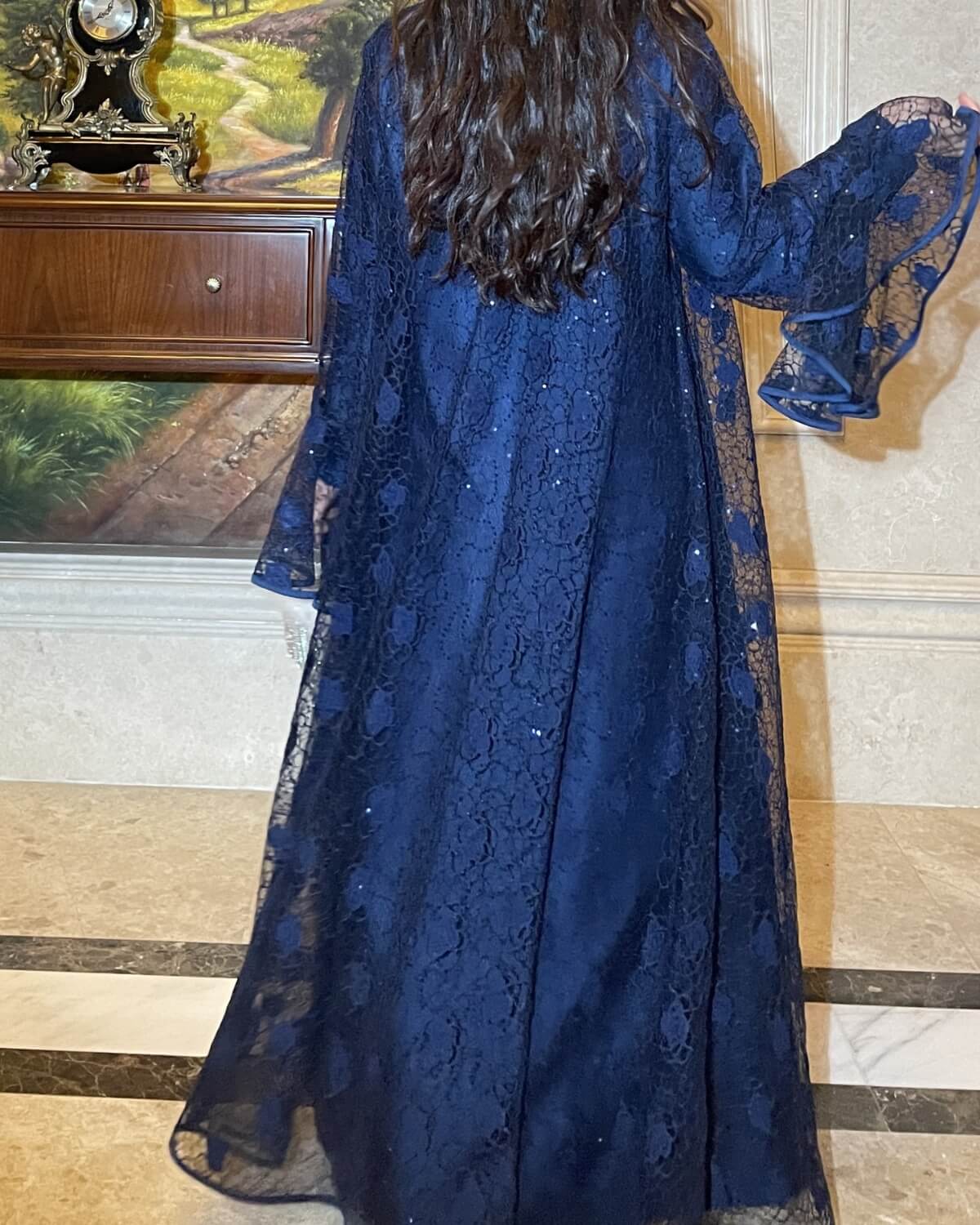 Lace Bell-Sleeve Open Abaya Dress for Women 3-Piece Set