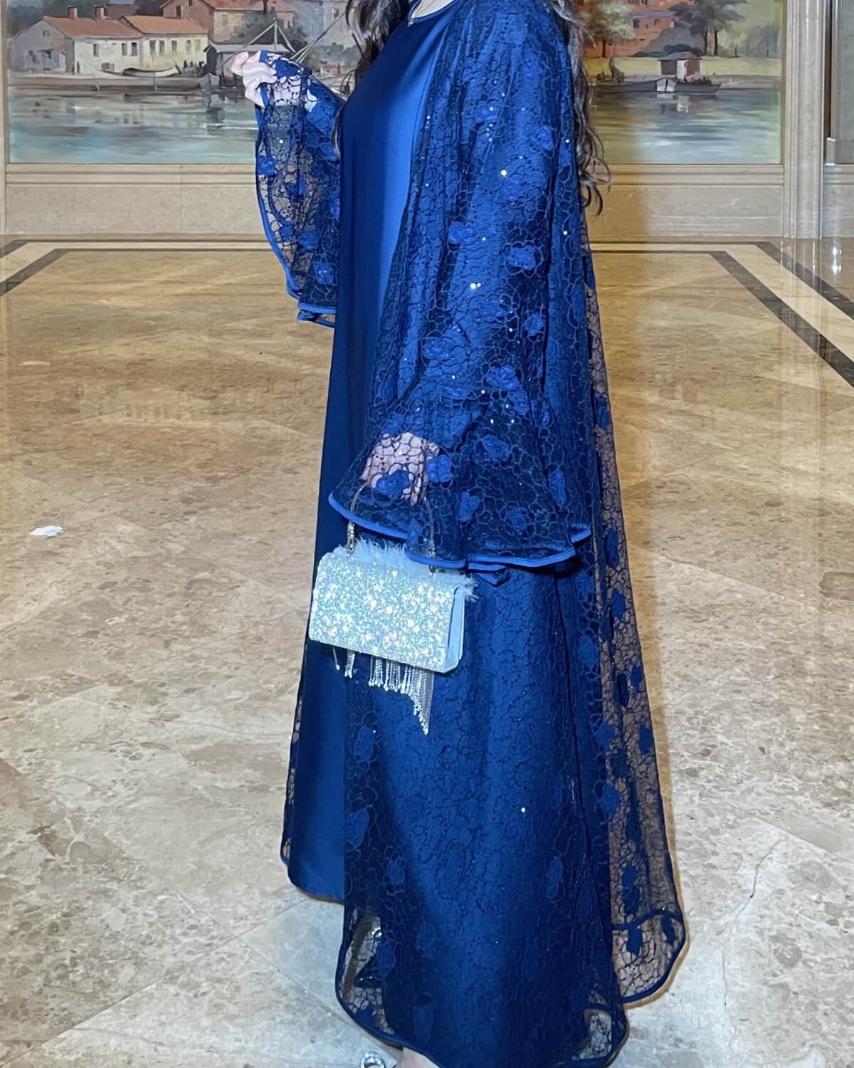 Lace Bell-Sleeve Open Abaya Dress for Women 3-Piece Set