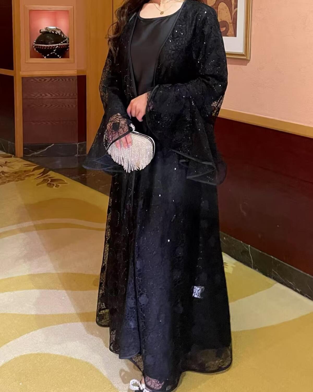 Lace Bell-Sleeve Open Abaya Dress for Women 3-Piece Set