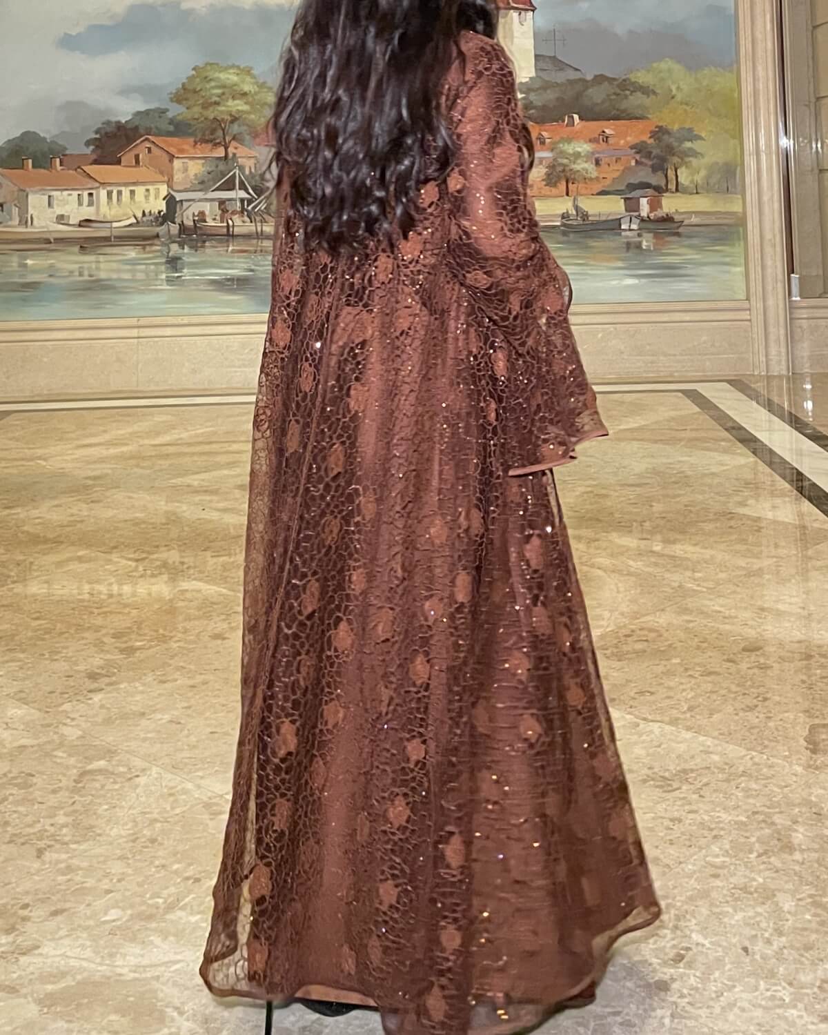Lace Bell-Sleeve Open Abaya Dress for Women 3-Piece Set
