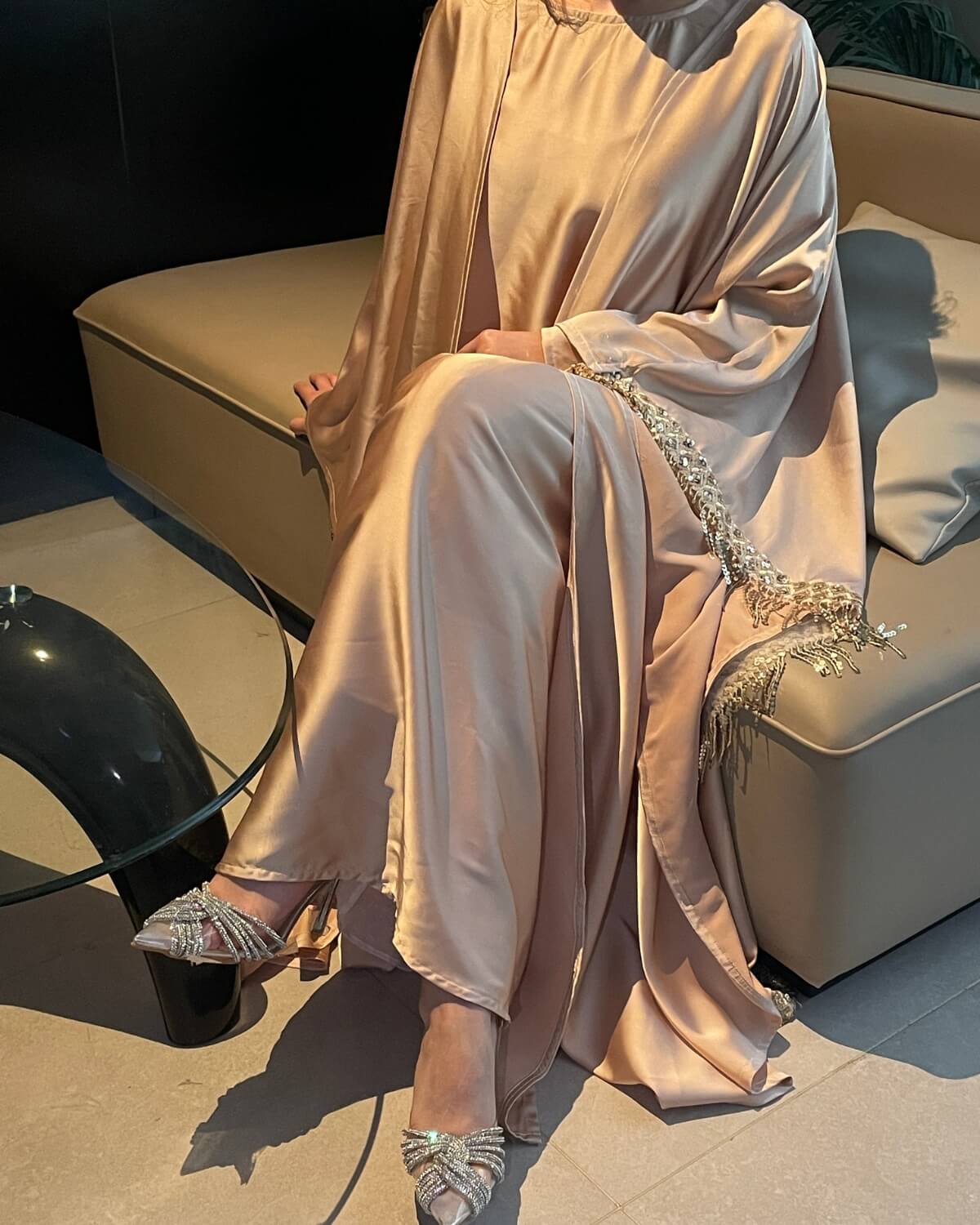 Premium Satin Tassel Butterfly Abaya Dress 2-Piece Set