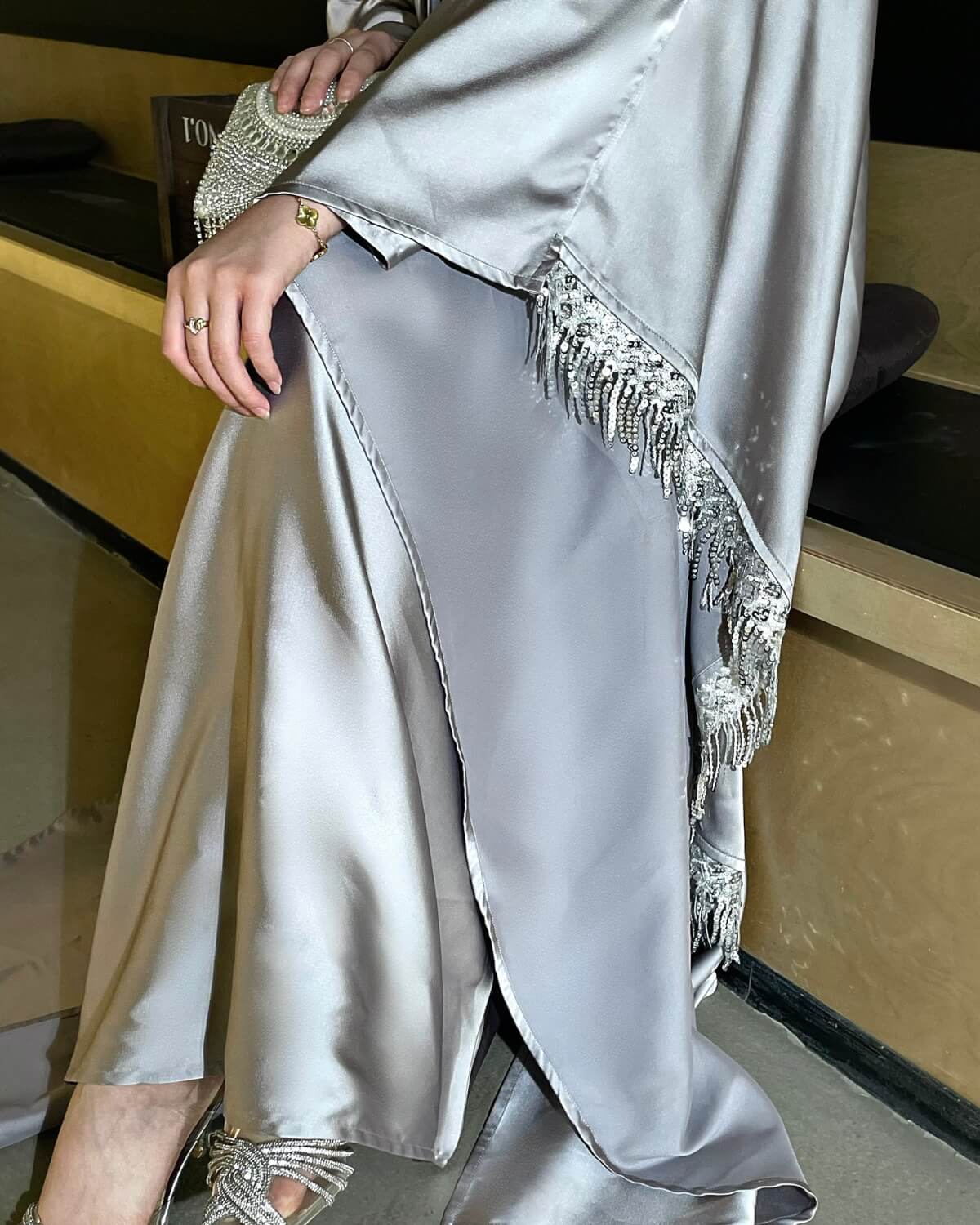 Premium Satin Tassel Butterfly Abaya Dress 2-Piece Set
