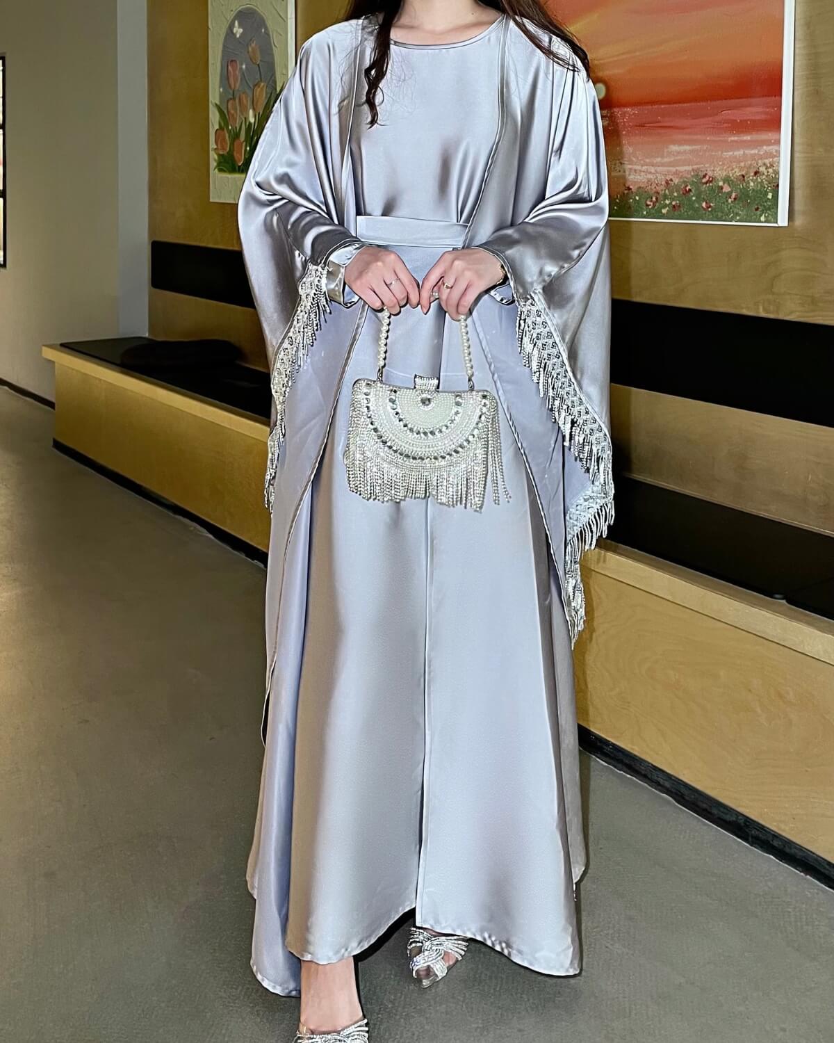 Premium Satin Tassel Butterfly Abaya Dress 2-Piece Set