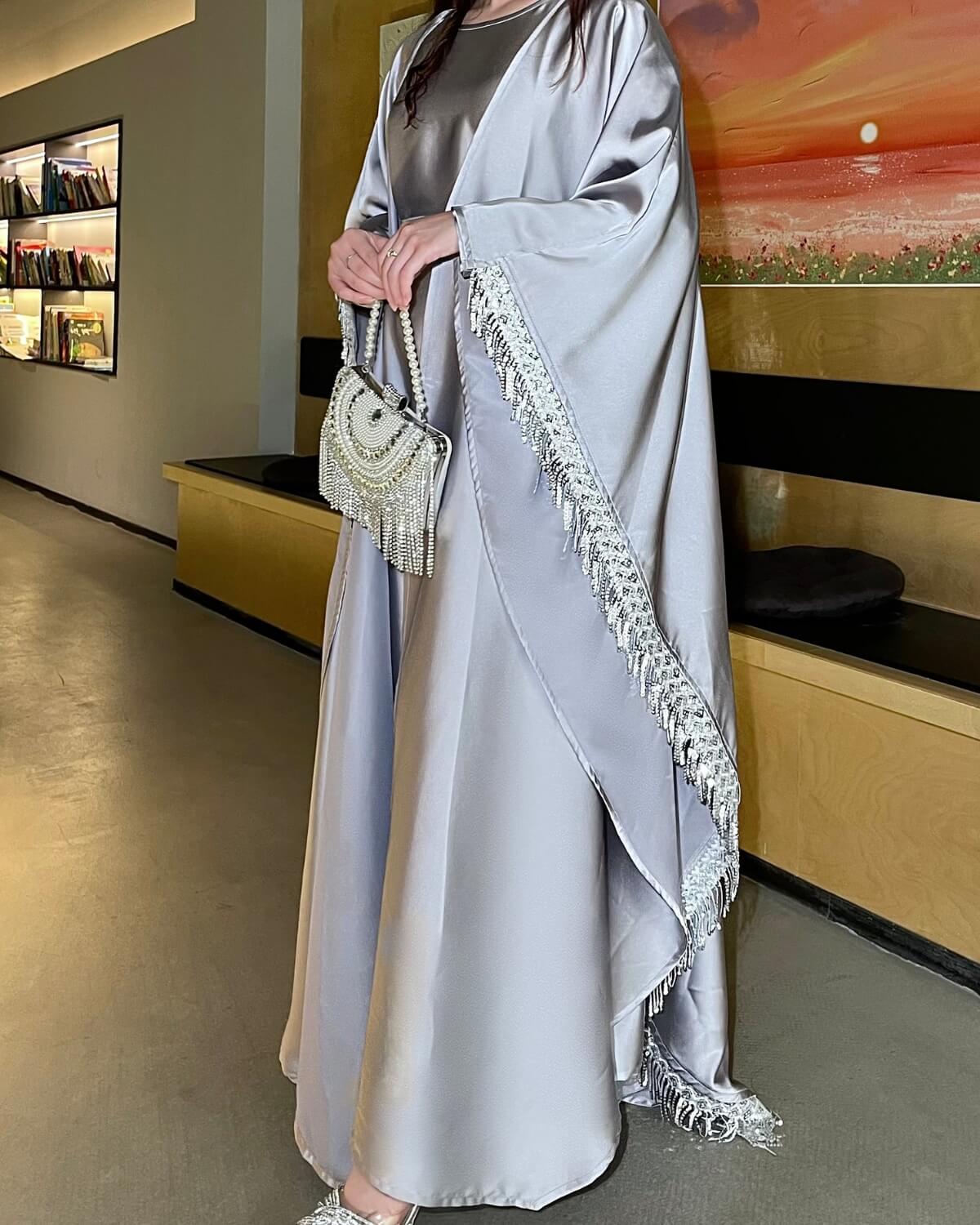 Premium Satin Tassel Butterfly Abaya Dress 2-Piece Set