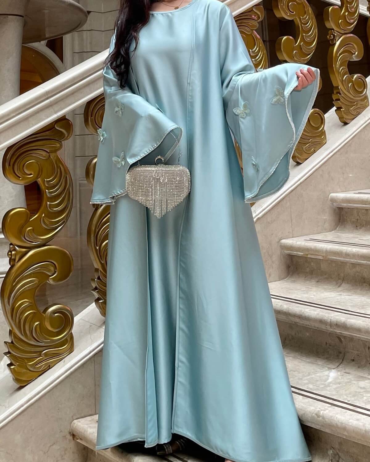 Satin Open Abaya Dress with Butterfly Embroidery 2-Piece Set