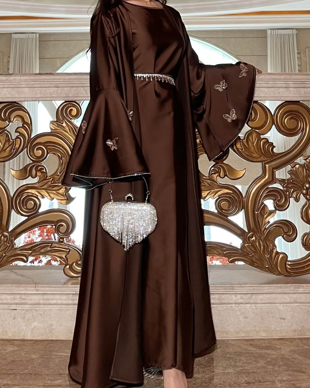 Satin Open Abaya Dress with Butterfly Embroidery 2-Piece Set