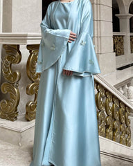 Satin Open Abaya Dress with Butterfly Embroidery 2-Piece Set