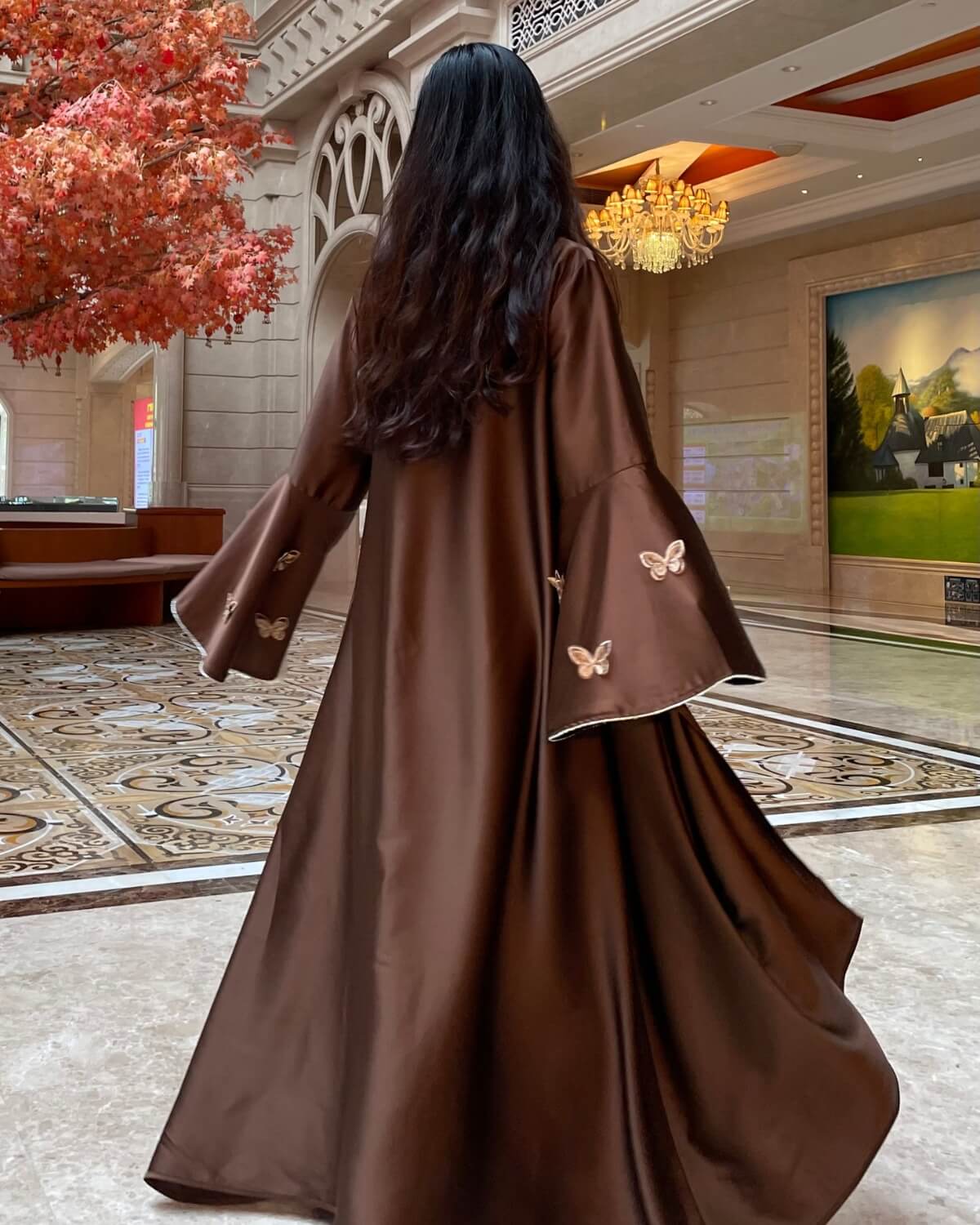 Satin Open Abaya Dress with Butterfly Embroidery 2-Piece Set