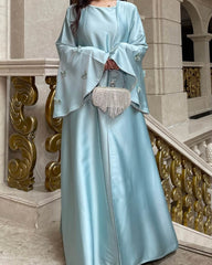 Satin Open Abaya Dress with Butterfly Embroidery 2-Piece Set