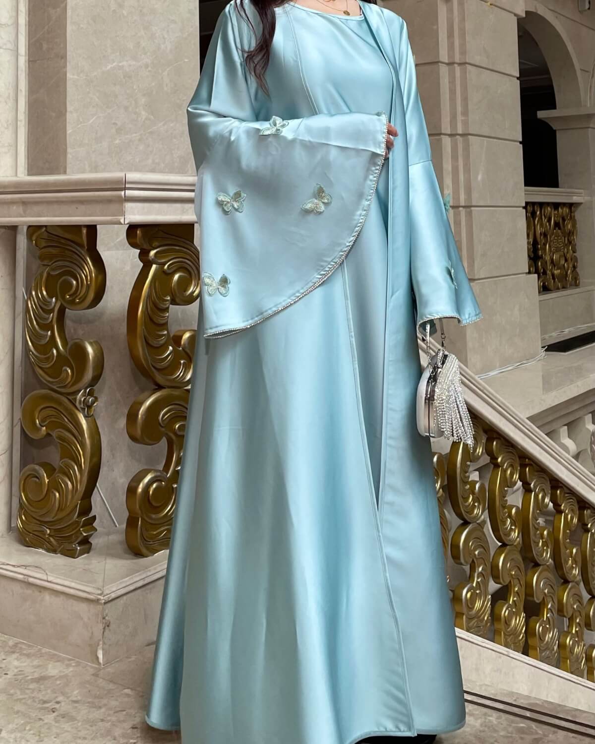 Satin Open Abaya Dress with Butterfly Embroidery 2-Piece Set