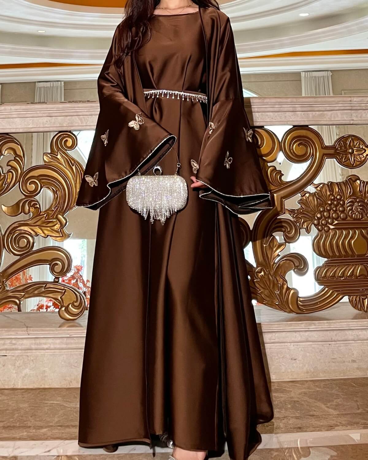 Satin Open Abaya Dress with Butterfly Embroidery 2-Piece Set